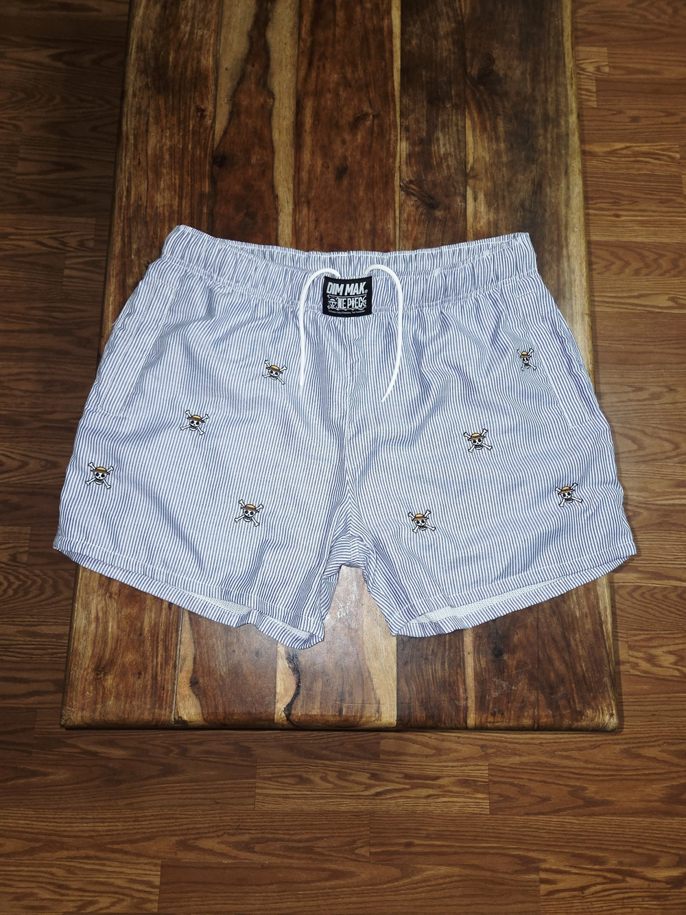 Dim Mak x One Piece Men's Jolly Roger Oxford Shorts In Blue & White. Size 2XL